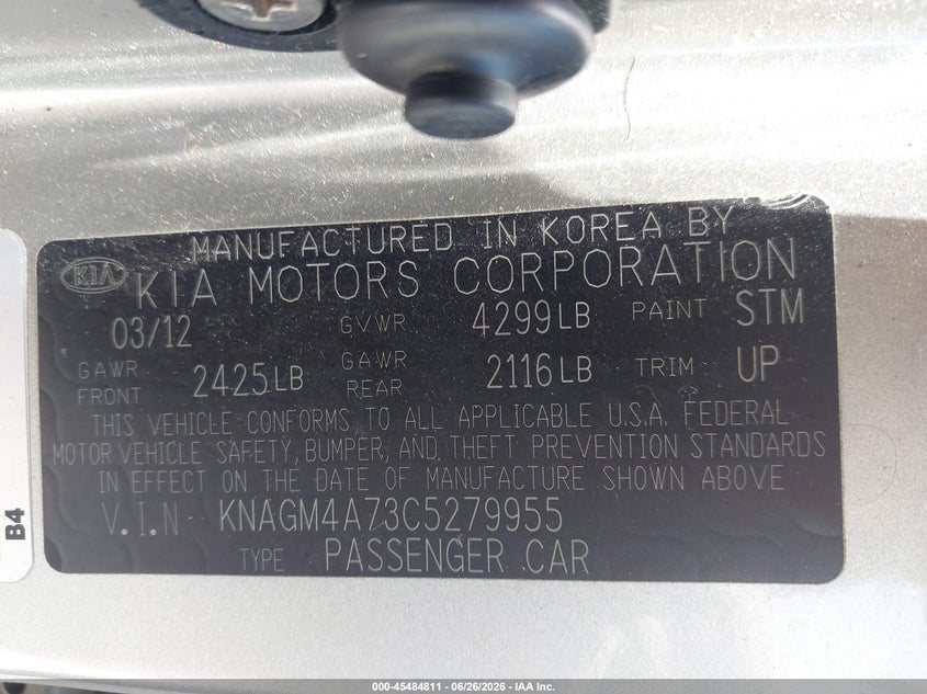 2012 Kia Optima VIN KNAGM4A73C5279955 IAAI salvage auction — RIGHT SIDE, Rebuildable (Florida), sold $775 on 2026-07-16 (photo 9)