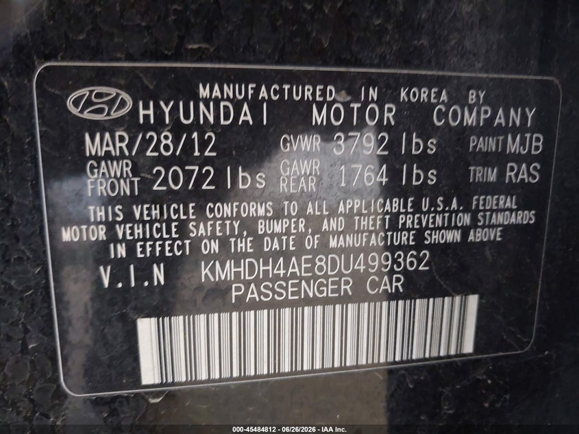 2013 Hyundai Elantra VIN KMHDH4AE8DU499362 IAAI salvage auction — FRONT END, Salvage (Utah), sold $25 on 2026-07-29 (photo 9)