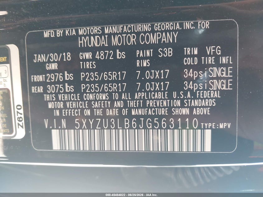 2018 Hyundai Santa fe VIN 5XYZU3LB6JG563110 IAAI salvage auction — NORMAL WEAR, Clear (Florida), sold $4,650 on 2026-07-08 (photo 9)