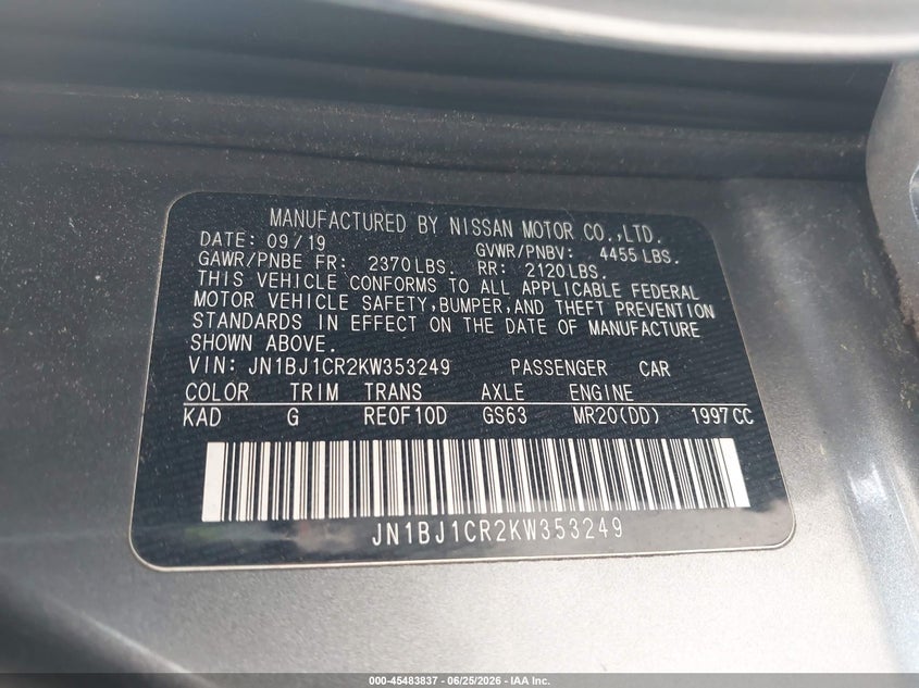 2019 Nissan Rogue VIN JN1BJ1CR2KW353249 IAAI salvage auction — FRONT END, Salvage Title, sold $1,525 on 2026-07-16 (photo 9)