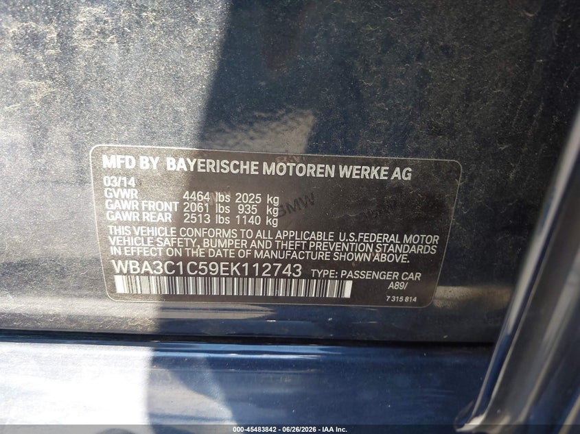 2014 BMW 3er VIN WBA3C1C59EK112743 IAAI salvage auction — REAR END, Salvage Title, sold $725 on 2026-07-22 (photo 9)