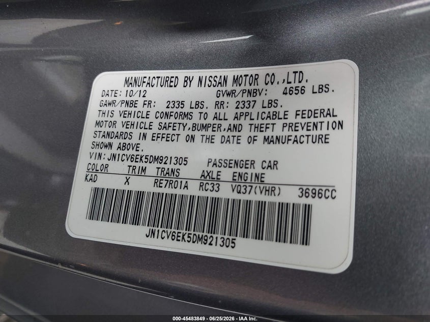 2013 Infiniti G VIN JN1CV6EK5DM921305 IAAI salvage auction — FRONT & REAR, Salvage (California), sold $950 on 2026-07-30 (photo 9)