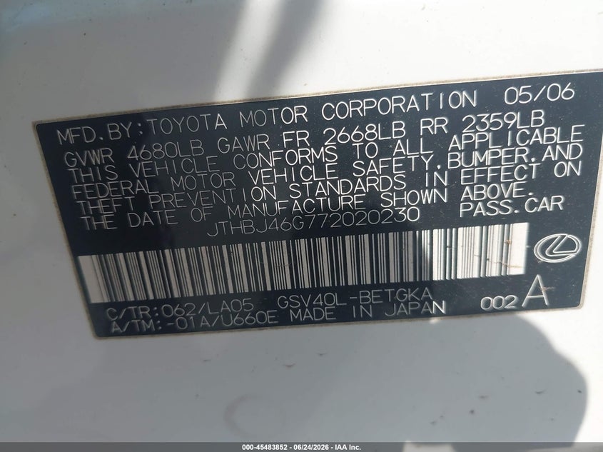 2007 Lexus ES VIN JTHBJ46G772020230 IAAI salvage auction — FRONT END, Clear (Georgia), sold $875 on 2026-07-08 (photo 9)