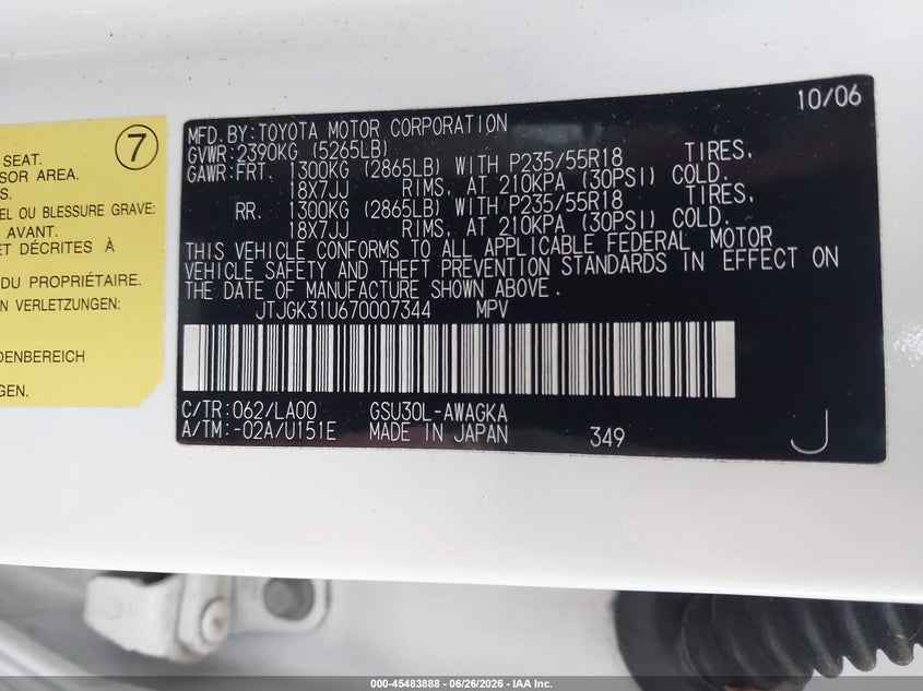 2007 Lexus Rx 350 VIN JTJGK31U670007344 IAAI salvage auction — FRONT END, Salvage Certificate (California), sold $2,850 on 2026-07-17 (photo 9)