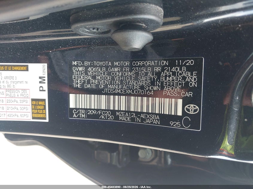 2021 Toyota Corolla VIN JTDS4MCEXMJ070164 IAAI salvage auction — SIDE, Salvage Title, sold $5,100 on 2026-07-21 (photo 9)