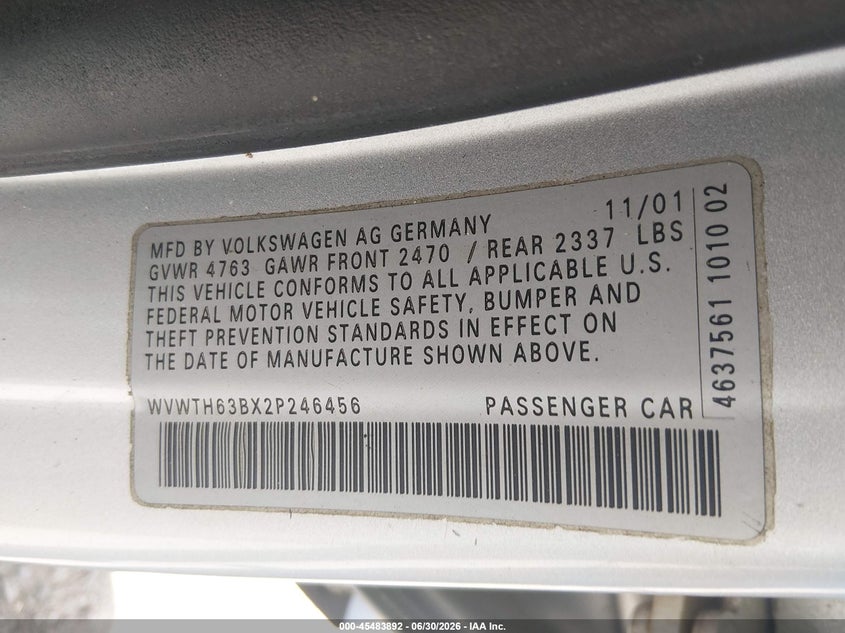 2002 Volkswagen Passat VIN WVWTH63BX2P246456 IAAI salvage auction — NORMAL WEAR, Clear (New Mexico), sold $375 on 2026-07-06 (photo 9)