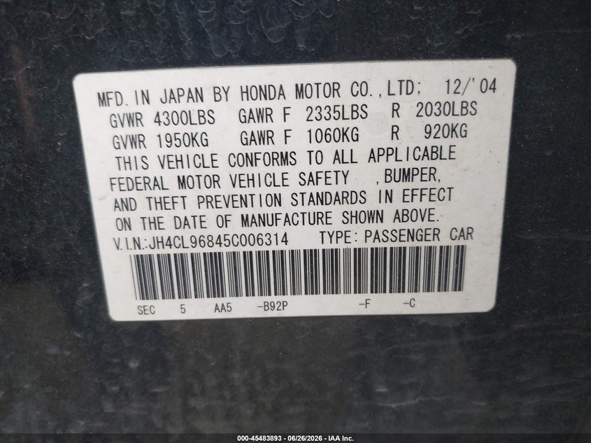 2005 Acura Tsx VIN JH4CL96845C006314 IAAI salvage auction — FRONT END, Bill Of Sale (Washington), sold $725 on 2026-07-09 (photo 9)