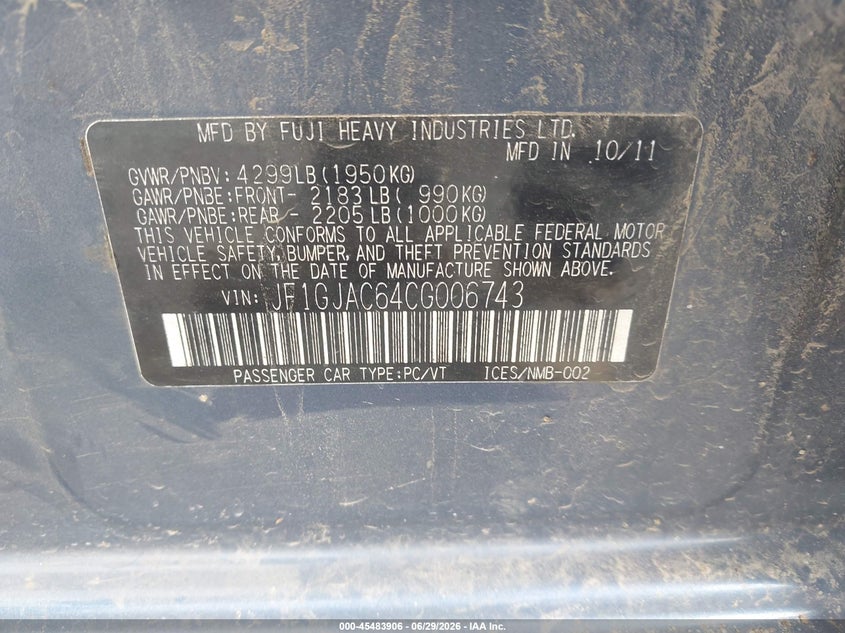 2012 Subaru Impreza VIN JF1GJAC64CG006743 IAAI salvage auction — RIGHT FRONT, Salvage (Pennsylvania), sold $450 on 2026-07-07 (photo 9)