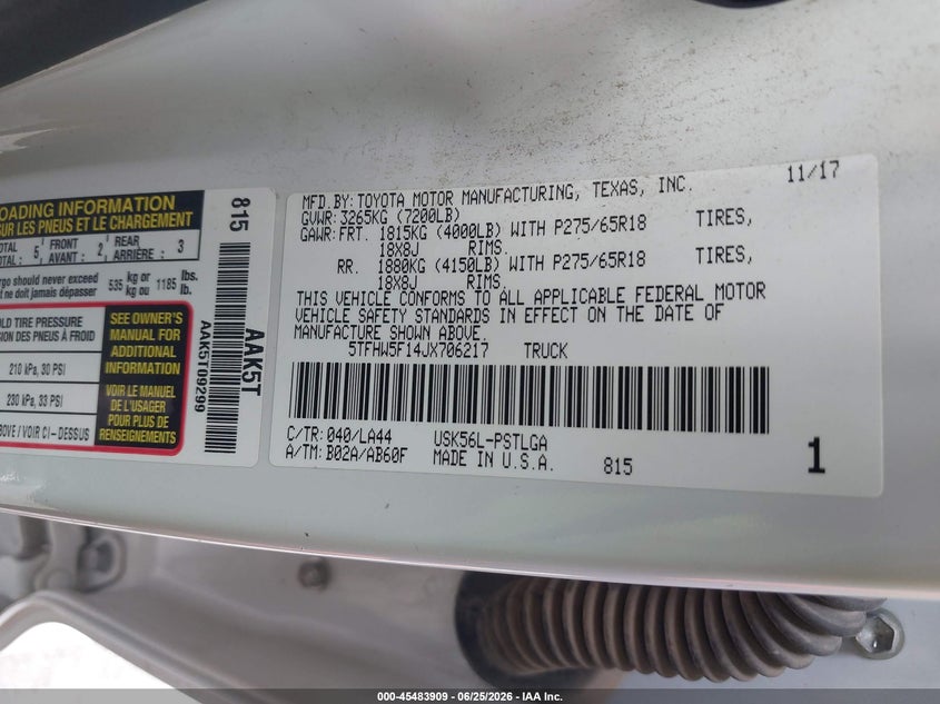 2018 Toyota Tundra VIN 5TFHW5F14JX706217 IAAI salvage auction — NO DAMAGE, Salvage (Tennessee), sold $13,700 on 2026-07-21 (photo 9)