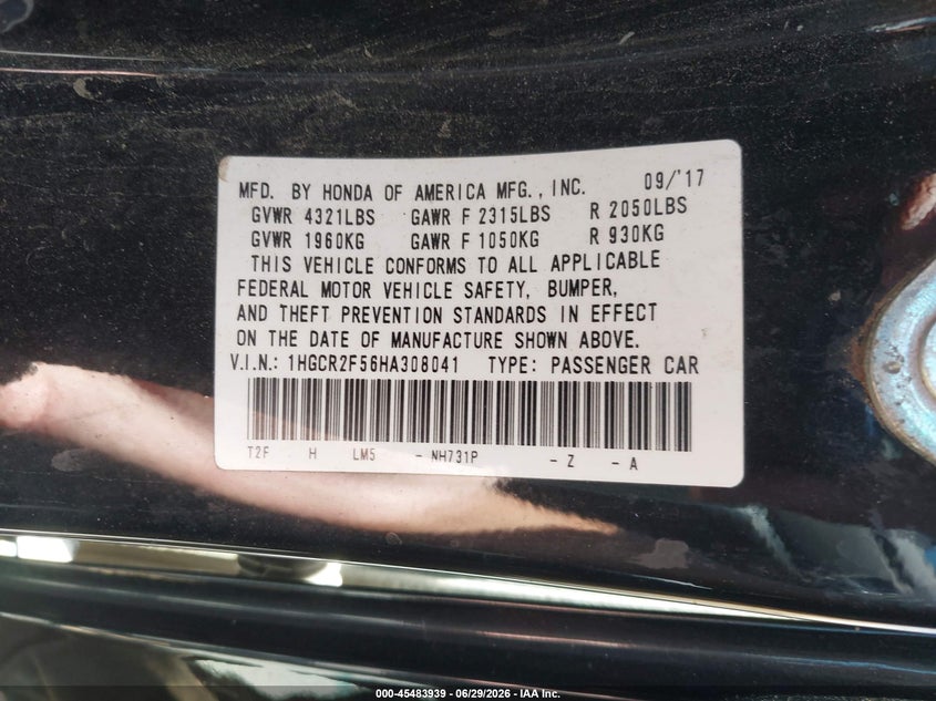 2017 Honda Accord VIN 1HGCR2F56HA308041 IAAI salvage auction — FRONT END, Salvage (California), sold $3,375 on 2026-07-29 (photo 9)