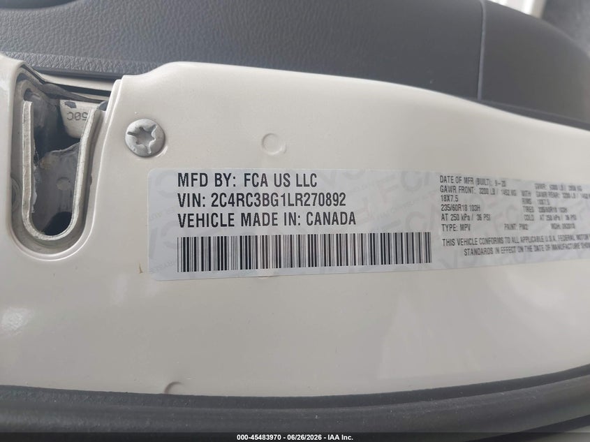 2020 Chrysler Pacifica VIN 2C4RC3BG1LR270892 IAAI salvage auction — FRONT END, Wait Title, sold $4,800 on 2026-10-10 (photo 9)