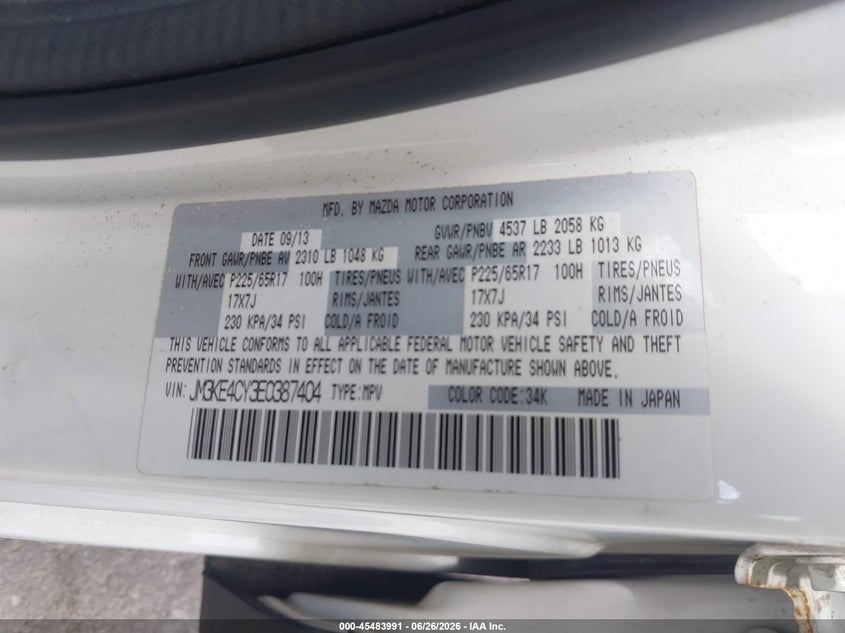 2014 Mazda Cx-5 VIN JM3KE4CY3E0387404 IAAI salvage auction — REAR END, Salvage (Ohio), sold $1,950 on 2026-07-21 (photo 9)