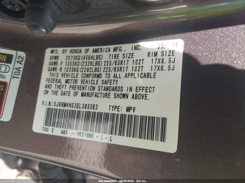 2014 Honda Cr-v VIN 5J6RM4H53EL085063 IAAI salvage auction — FRONT END, Salvage (Georgia), sold $3,000 on 2026-07-26 (photo 9)
