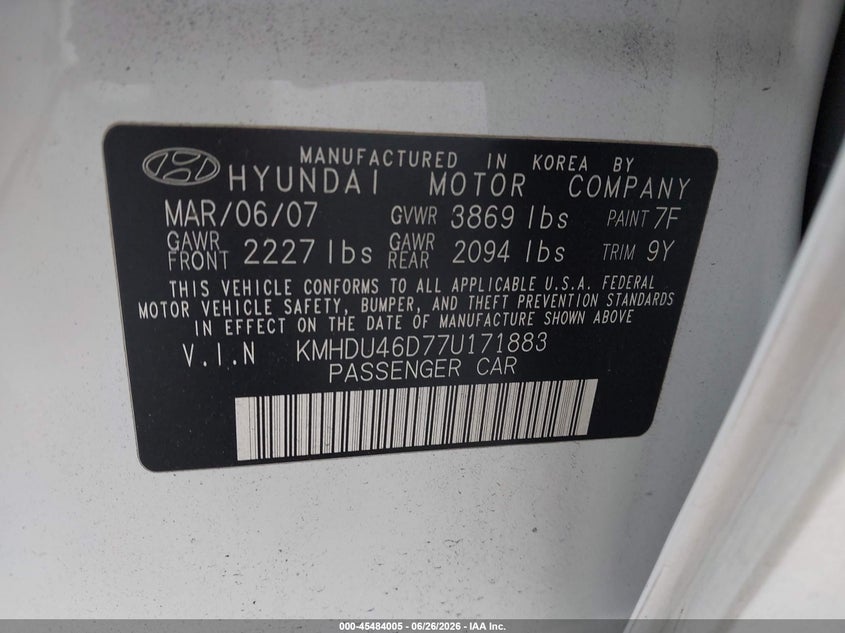 2007 Hyundai Elantra VIN KMHDU46D77U171883 IAAI salvage auction — RIGHT SIDE, Rebuildable (Florida), sold $475 on 2026-07-29 (photo 9)