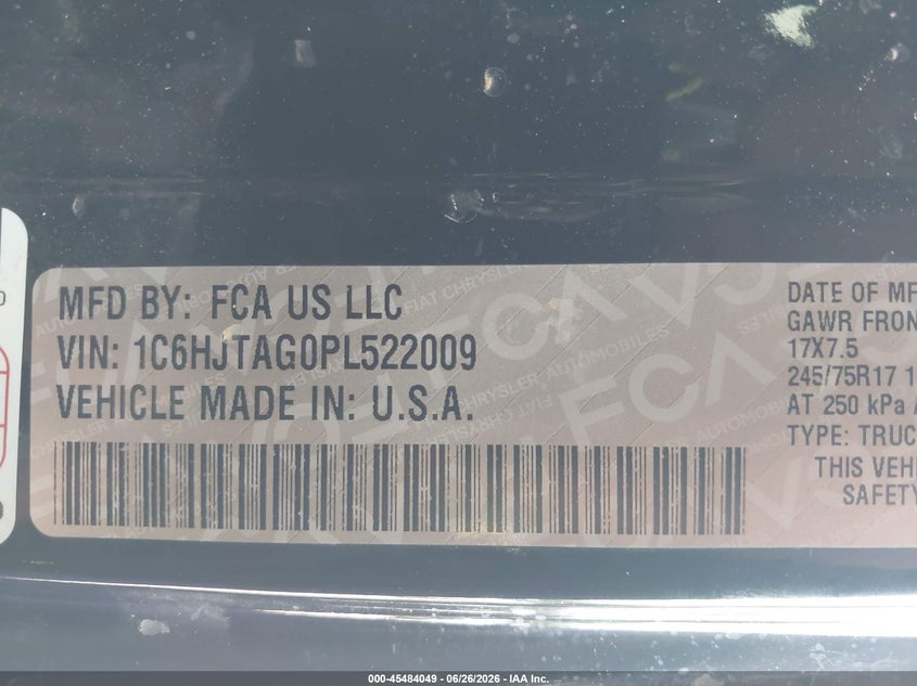 2023 Jeep Gladiator VIN 1C6HJTAG0PL522009 IAAI salvage auction — FRESH WATER, Junk (Oklahoma), sold $8,900 on 2026-07-30 (photo 9)