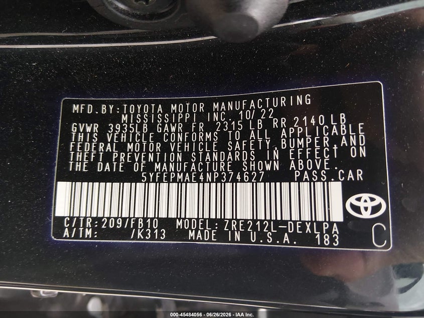 2022 Toyota Corolla VIN 5YFEPMAE4NP374627 IAAI salvage auction — RIGHT SIDE, Salvage (Ohio), sold $5,250 on 2026-07-28 (photo 9)