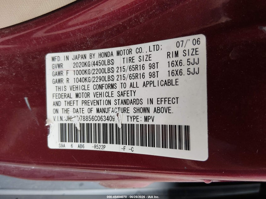 2006 Honda Cr-v VIN JHLRD78856C063409 IAAI salvage auction — FRONT END, Clear (Indiana), sold $1,150 on 2026-07-29 (photo 9)