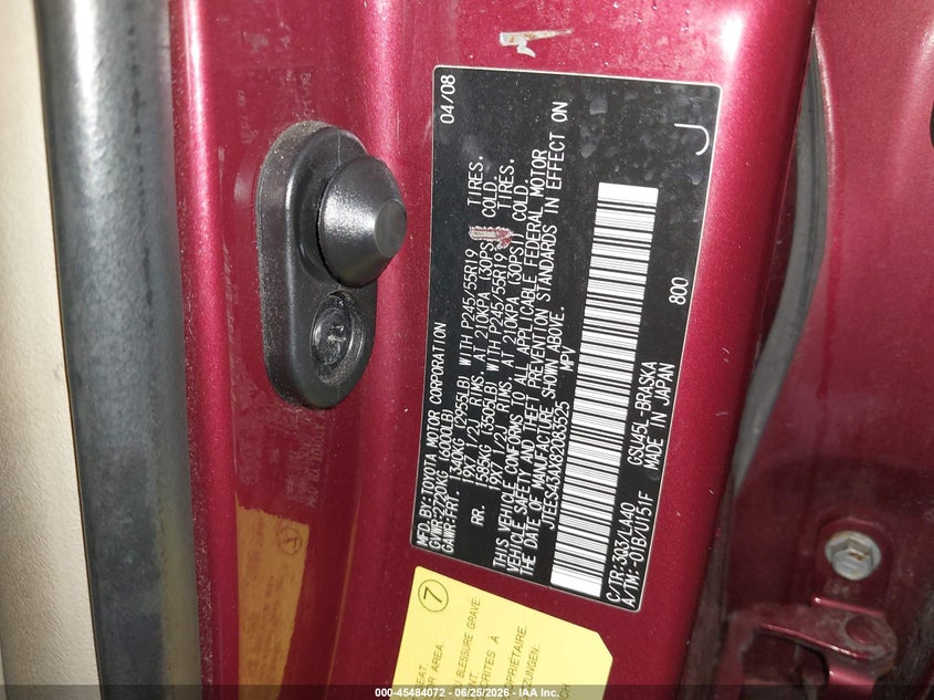 2008 Toyota Highlander VIN JTEES43AX82083525 IAAI salvage auction — FRONT END, Mv-907A (New York), sold $900 on 2026-07-17 (photo 9)