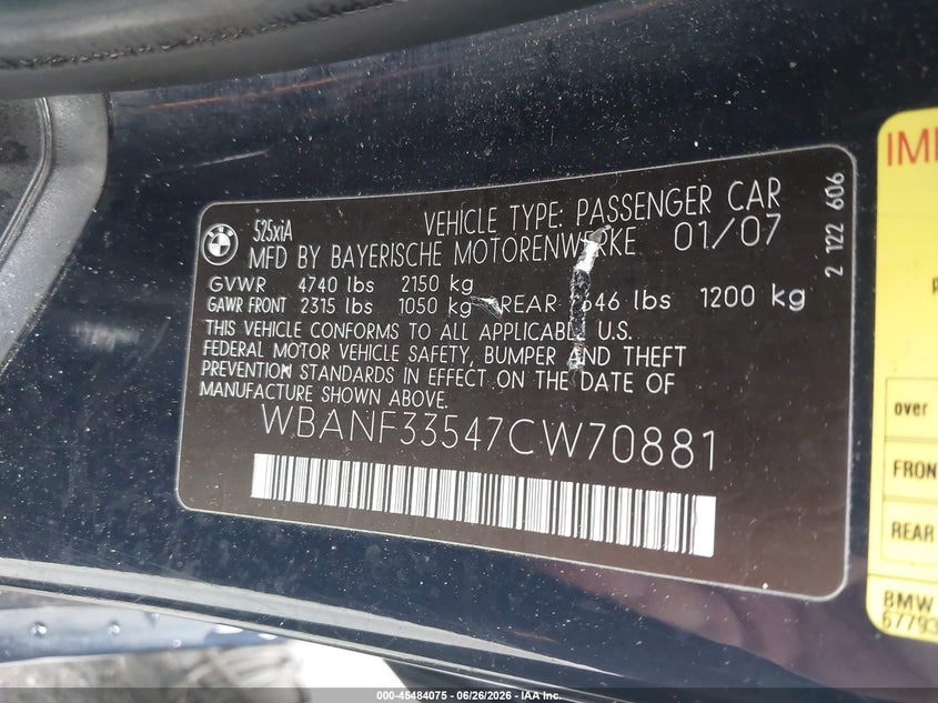 2007 BMW 5er VIN WBANF33547CW70881 IAAI salvage auction — FRONT END, Salvage (Connecticut), sold $350 on 2026-07-23 (photo 9)