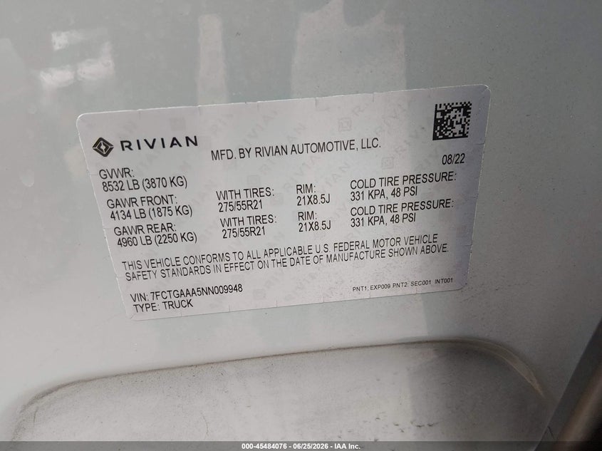 2022 Rivian R1t VIN 7FCTGAAA5NN009948 IAAI salvage auction — LEFT FRONT, Salvage Title, sold $19,250 on 2026-09-17 (photo 9)