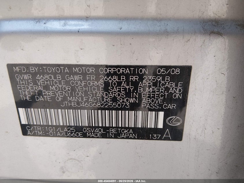 2008 Lexus ES VIN JTHBJ46G682255073 IAAI salvage auction — NORMAL WEAR, Clear - Dealer Only (California), sold $650 on 2026-07-29 (photo 9)