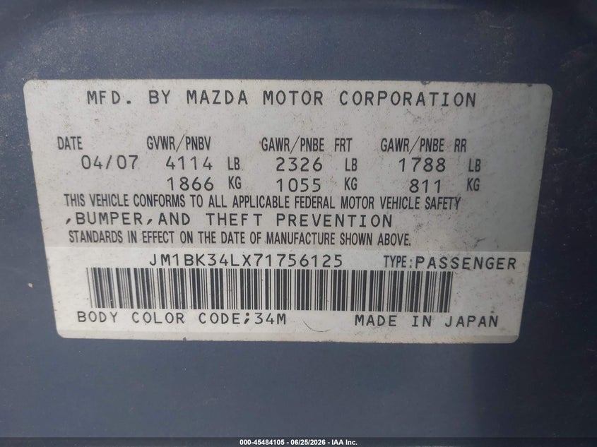 2007 Mazda 3 VIN JM1BK34LX71756125 IAAI salvage auction — NORMAL WEAR, Clear (Pennsylvania), sold $275 on 2026-07-29 (photo 9)
