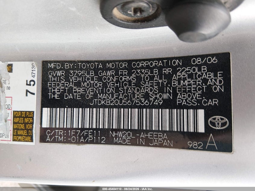 2006 Toyota Prius VIN JTDKB20U567536749 IAAI salvage auction — NORMAL WEAR, Clear (New Mexico), sold $200 on 2026-07-29 (photo 9)