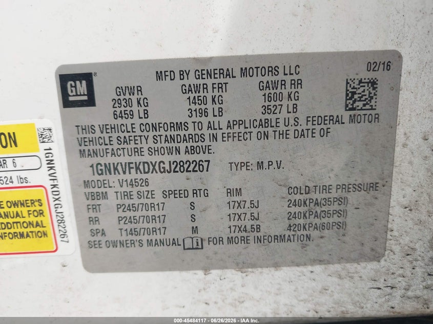 2016 Chevrolet Traverse VIN 1GNKVFKDXGJ282267 IAAI salvage auction — RIGHT FRONT, Junk Bill Of Sale Mv2459 (Wisconsin), sold $250 on 2026-07-23 (photo 9)
