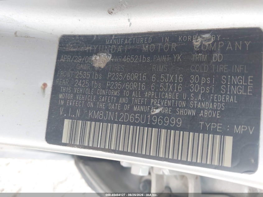 2005 Hyundai Tucson VIN KM8JN12D65U196999 IAAI salvage auction — NORMAL WEAR, Original (Texas), sold $375 on 2026-07-29 (photo 9)