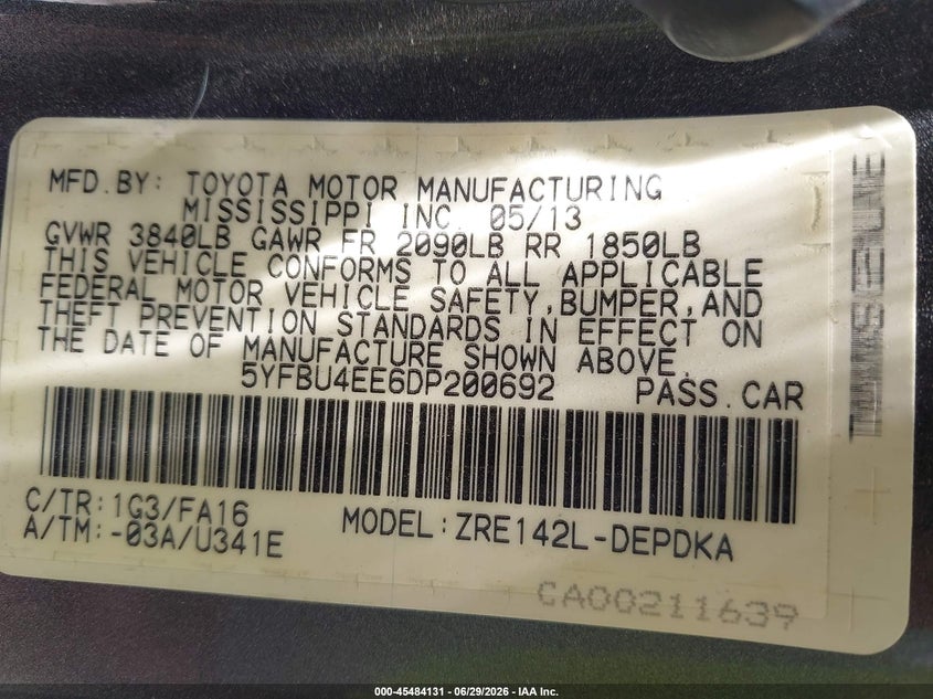 2013 Toyota Corolla VIN 5YFBU4EE6DP200692 IAAI salvage auction — NORMAL WEAR, Original (Texas), sold $1,900 on 2026-07-13 (photo 9)