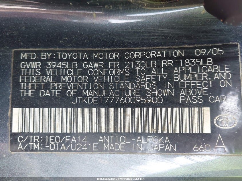 2006 Scion Tc VIN JTKDE177760095900 IAAI salvage auction — ROLLOVER, Salvage (North Carolina), sold $25 on 2026-07-29 (photo 9)