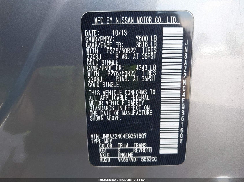 2014 Infiniti Qx80 VIN JN8AZ2NC4E9351607 IAAI salvage auction — NORMAL WEAR, Clear (California), sold $1,000 on 2026-07-22 (photo 9)