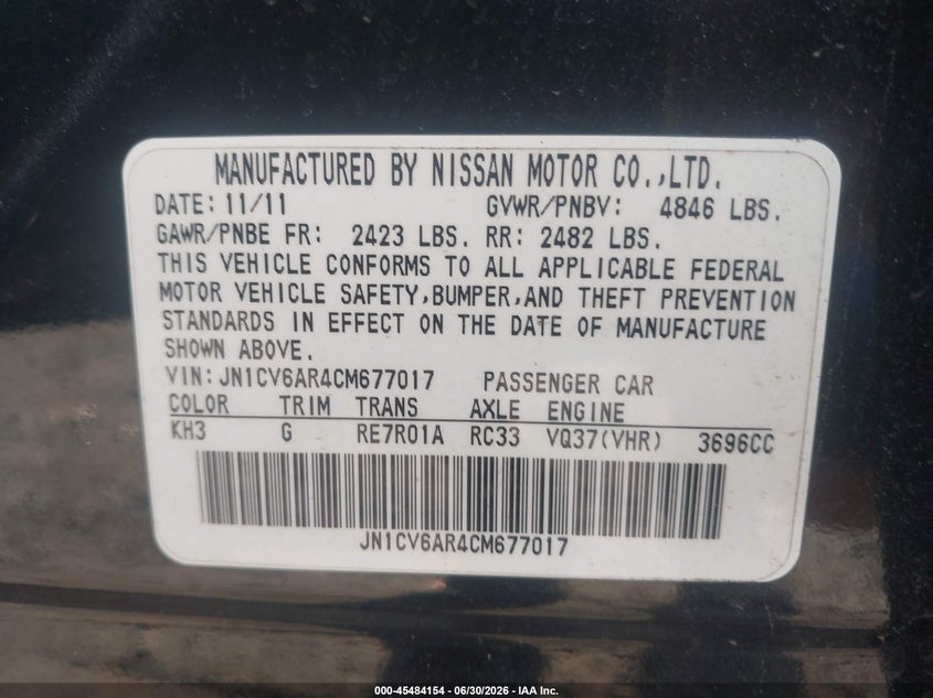 2012 Infiniti G VIN JN1CV6AR4CM677017 IAAI salvage auction — REAR END, Salvage Title, sold $1,250 on 2026-07-08 (photo 9)