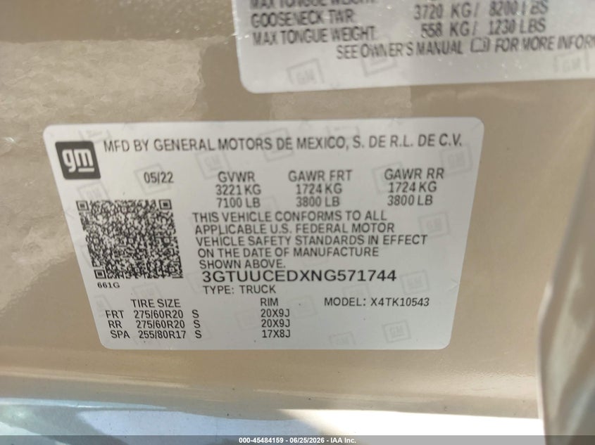 2022 Gmc SIERRA VIN 3GTUUCEDXNG571744 IAAI salvage auction — LEFT FRONT, Wait Title, sold $14,900 on 2026-08-19 (photo 9)