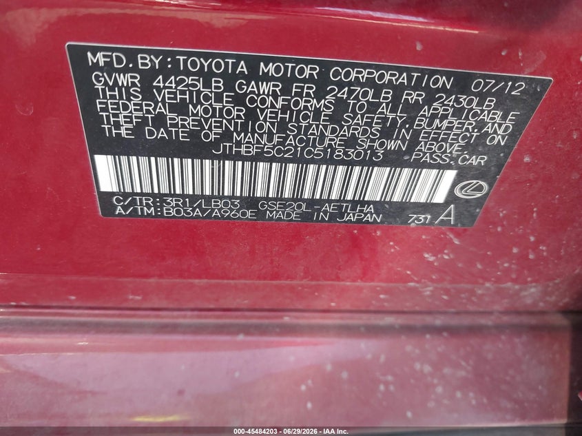 2012 Lexus Is VIN JTHBF5C21C5183013 IAAI salvage auction — NORMAL WEAR, Clear (California), sold $700 on 2026-07-28 (photo 9)