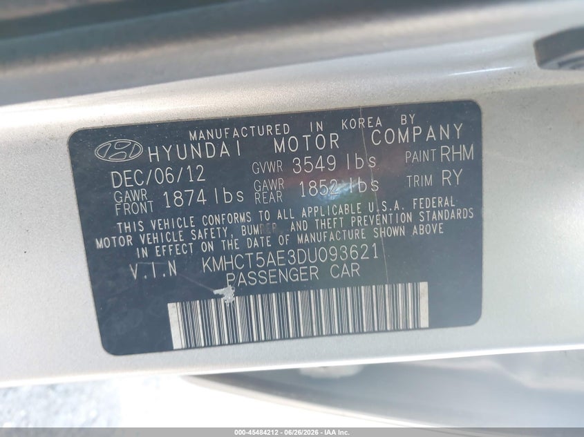2013 Hyundai Accent VIN KMHCT5AE3DU093621 IAAI salvage auction — FRONT END, Rebuildable (Florida), sold $875 on 2026-07-28 (photo 9)