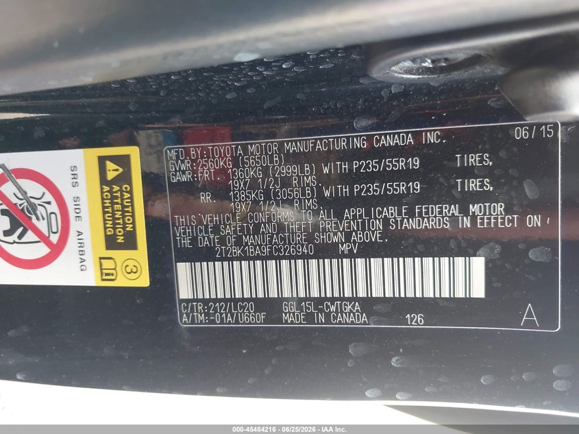 2015 Lexus Rx VIN 2T2BK1BA9FC326940 IAAI salvage auction — LEFT SIDE, Salvage (Ohio), sold $7,025 on 2026-07-29 (photo 9)