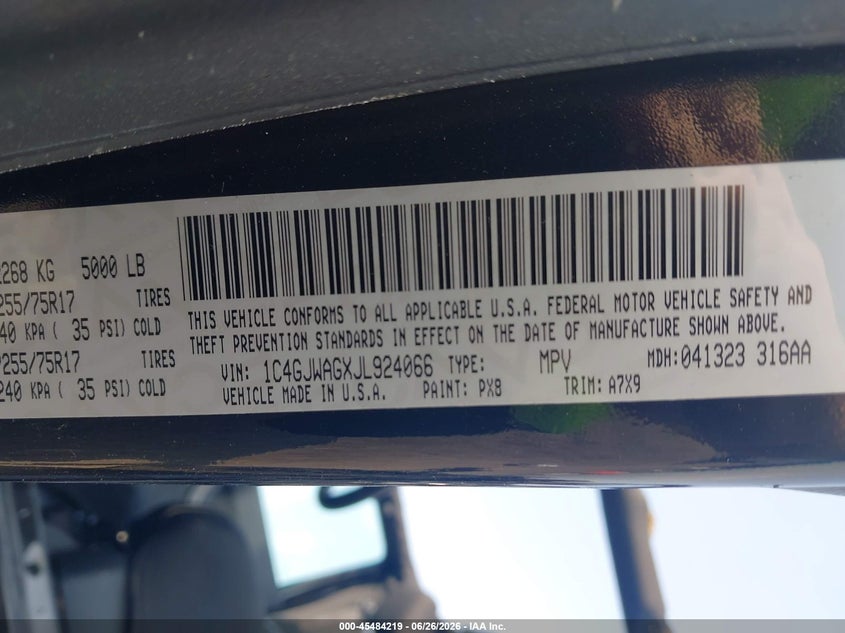 2018 Jeep Wrangler / VIN 1C4GJWAGXJL924066 IAAI salvage auction — ROLLOVER, Salvage (South Carolina), sold $1,700 on 2026-07-24 (photo 9)
