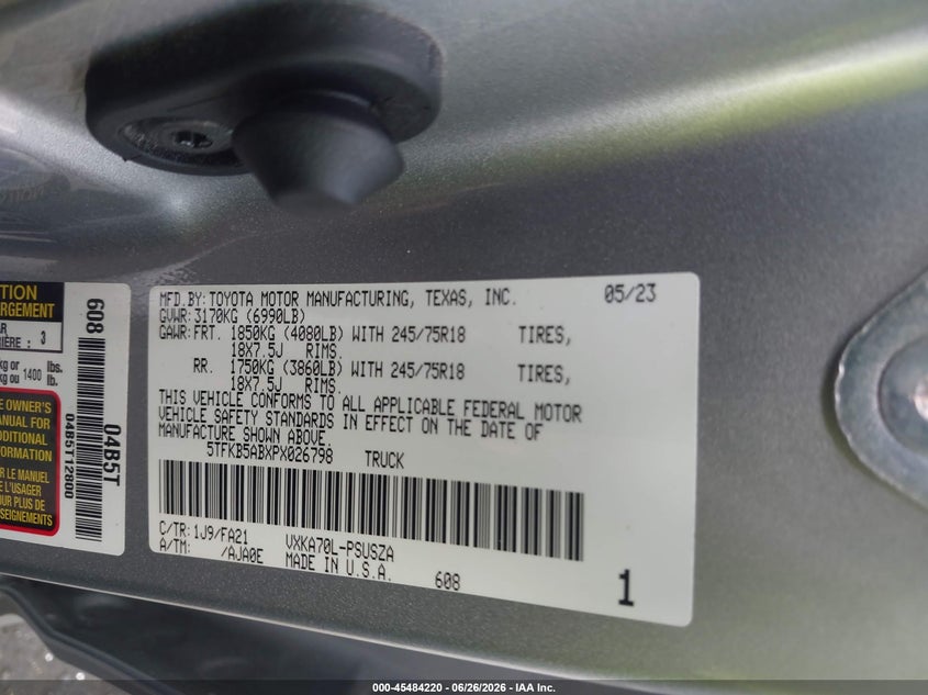2023 Toyota Tundra VIN 5TFKB5ABXPX026798 IAAI salvage auction — FRONT END, Certificate Of Destruction (Florida), sold $13,650 on 2026-08-01 (photo 9)