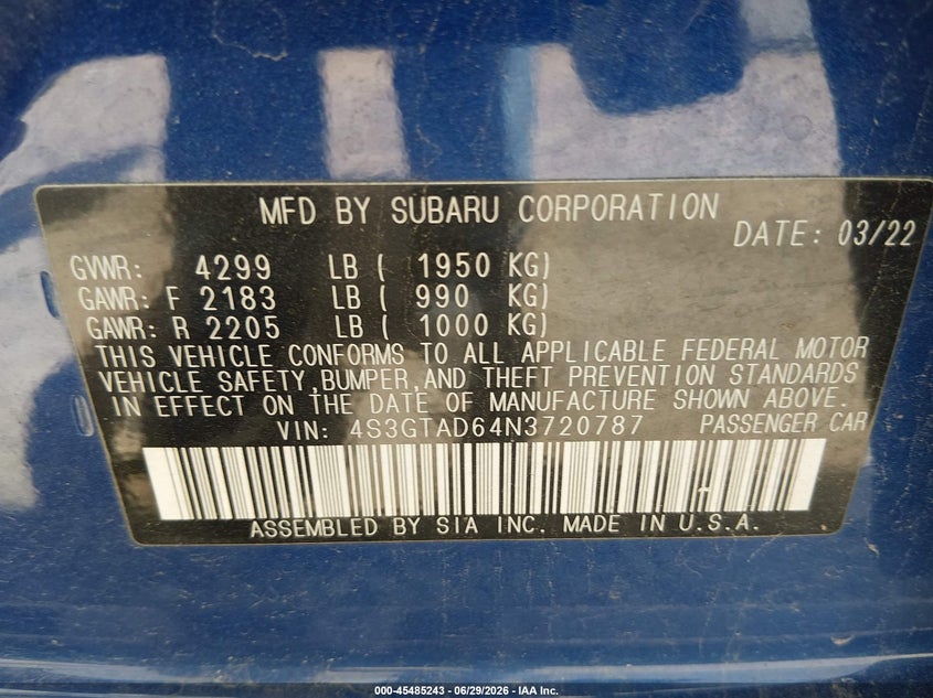 2022 Subaru Impreza VIN 4S3GTAD64N3720787 IAAI salvage auction — HAIL, Salvage Title, sold $8,850 on 2026-07-15 (photo 9)