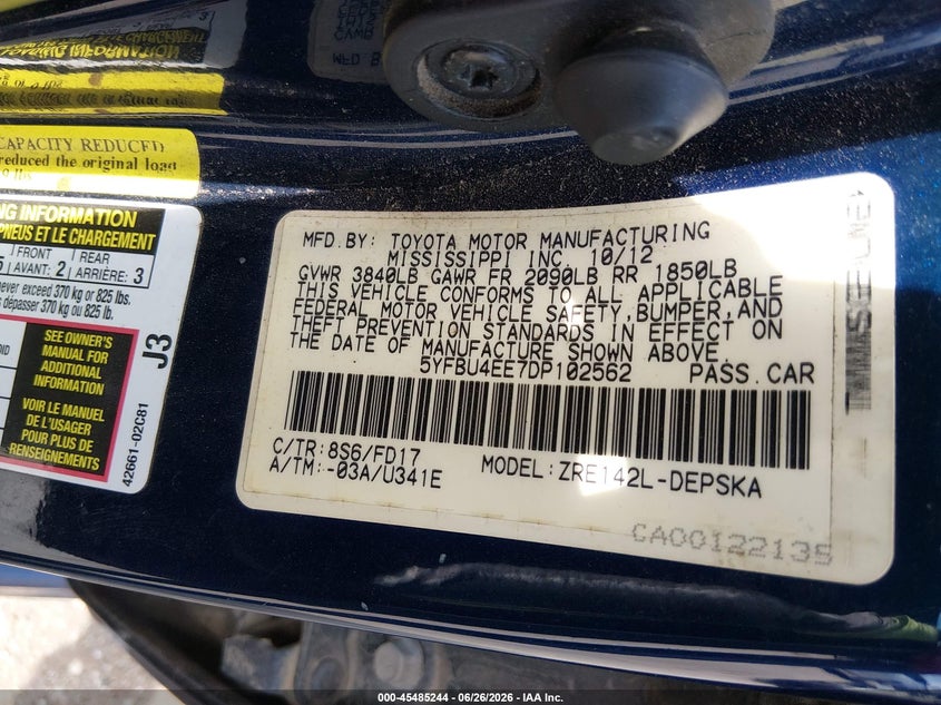 2013 Toyota Corolla VIN 5YFBU4EE7DP102562 IAAI salvage auction — RIGHT FRONT, Salvage (Texas), sold $1,700 on 2026-07-29 (photo 9)