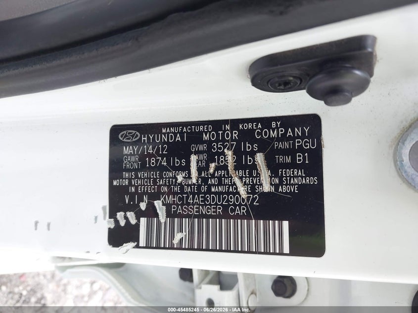 2013 Hyundai Accent VIN KMHCT4AE3DU290072 IAAI salvage auction — LEFT SIDE, Bill Of Sale (Georgia), sold $25 on 2026-07-24 (photo 9)