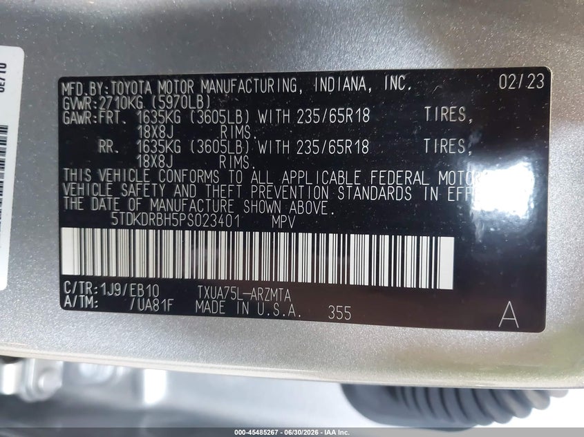 2023 Toyota Highlander VIN 5TDKDRBH5PS023401 IAAI salvage auction — LEFT FRONT, Salvage Title, sold $11,750 on 2026-07-29 (photo 9)