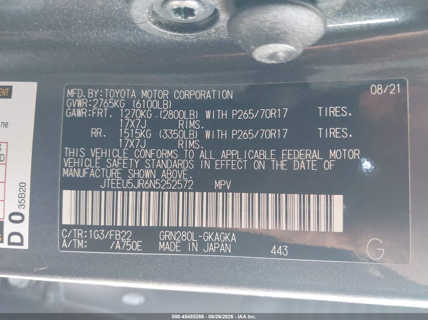 2022 Toyota 4runner VIN JTEEU5JR6N5252572 IAAI salvage auction — ROLLOVER, Rebuildable (Florida), sold $6,500 on 2026-07-29 (photo 9)