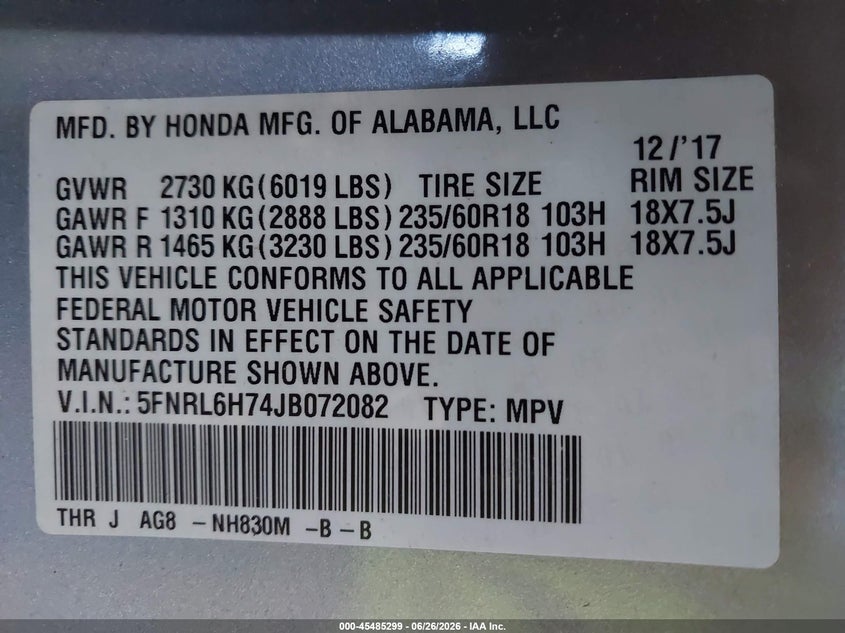 2018 Honda Odyssey VIN 5FNRL6H74JB072082 IAAI salvage auction — REAR END, Salvage (California), sold $5,500 on 2026-07-09 (photo 9)