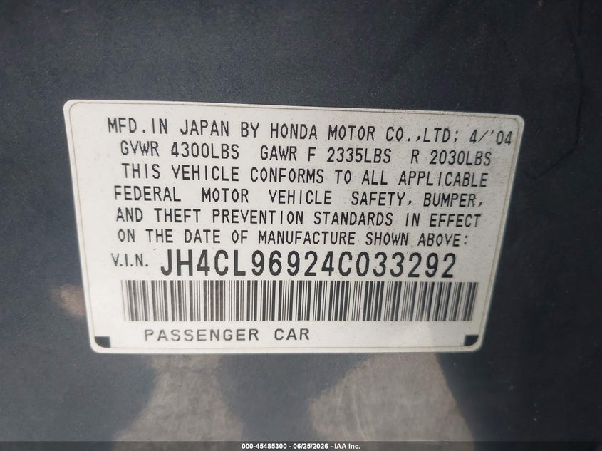 2004 Acura Tsx VIN JH4CL96924C033292 IAAI salvage auction — NORMAL WEAR, Clear - Dealer Only (California), sold $550 on 2026-07-29 (photo 9)