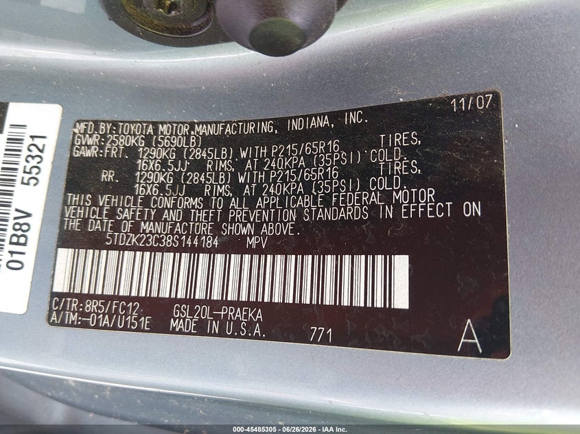 2008 Toyota Sienna VIN 5TDZK23C38S144184 IAAI salvage auction — NORMAL WEAR, Clear (Alabama), sold $500 on 2026-07-20 (photo 9)