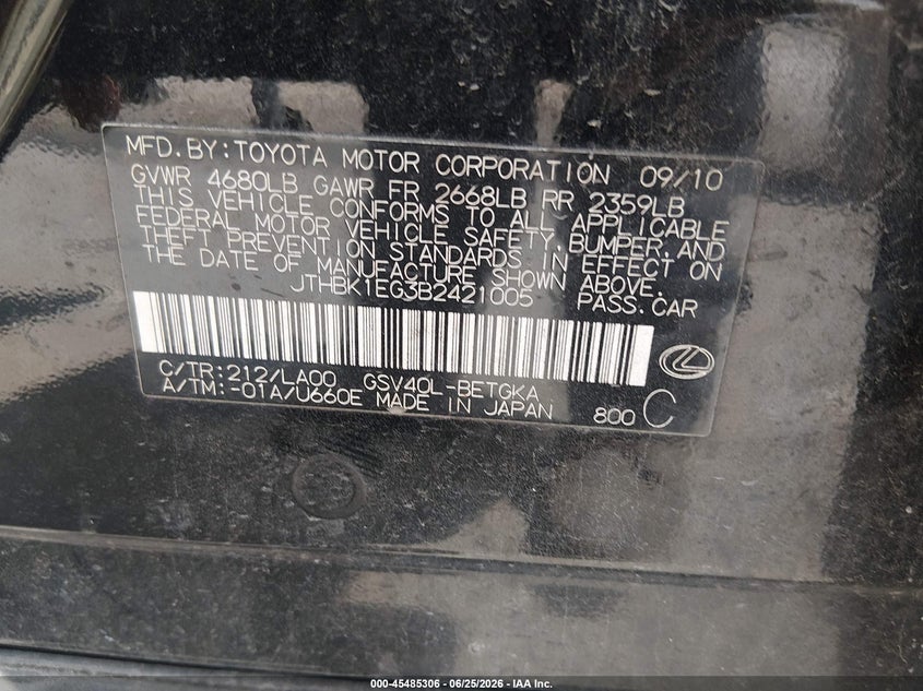 2011 Lexus ES VIN JTHBK1EG3B2421005 IAAI salvage auction — NORMAL WEAR, Clear (Louisiana), sold $1,050 on 2026-07-29 (photo 9)