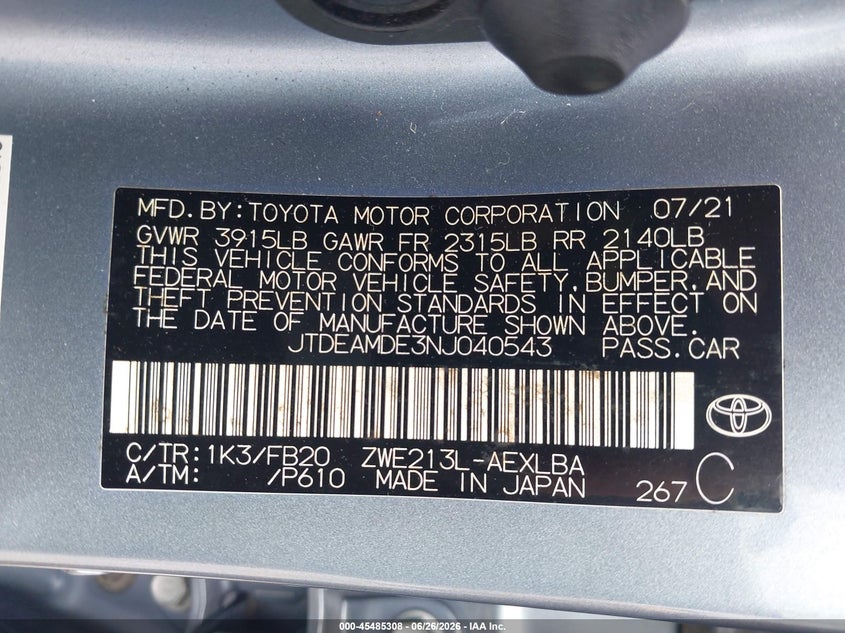 2022 Toyota Corolla VIN JTDEAMDE3NJ040543 IAAI salvage auction — REAR END, Salvage Title, sold $7,800 on 2026-07-20 (photo 9)
