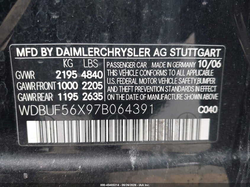 2007 Mercedes-benz E-class VIN WDBUF56X97B064391 IAAI salvage auction — Burn Engine, Clear (Michigan), sold $225 on 2026-08-03 (photo 9)